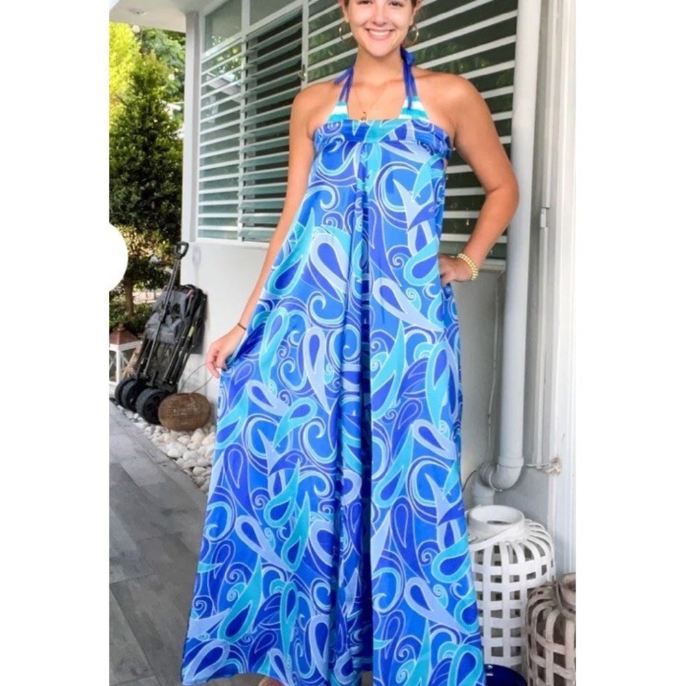 Aakaa Women's Blue&Green Wide-Leg Pants Jumpsuit Vacation Cruise Trip Jumper S